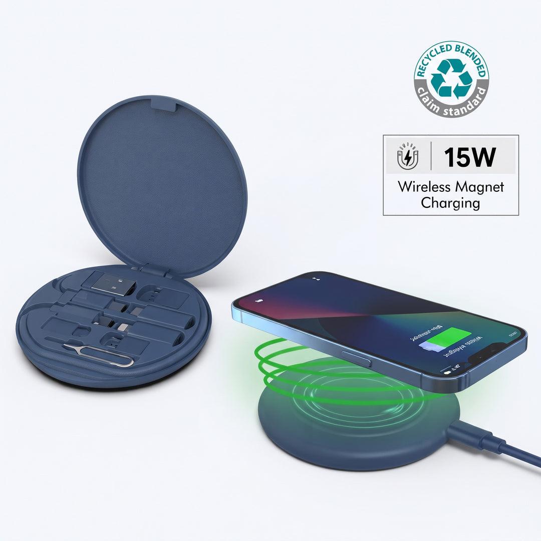Imported OSLO Mag recycled 15W magnetic wireless charger multicable set in blue by Print365 Kenya