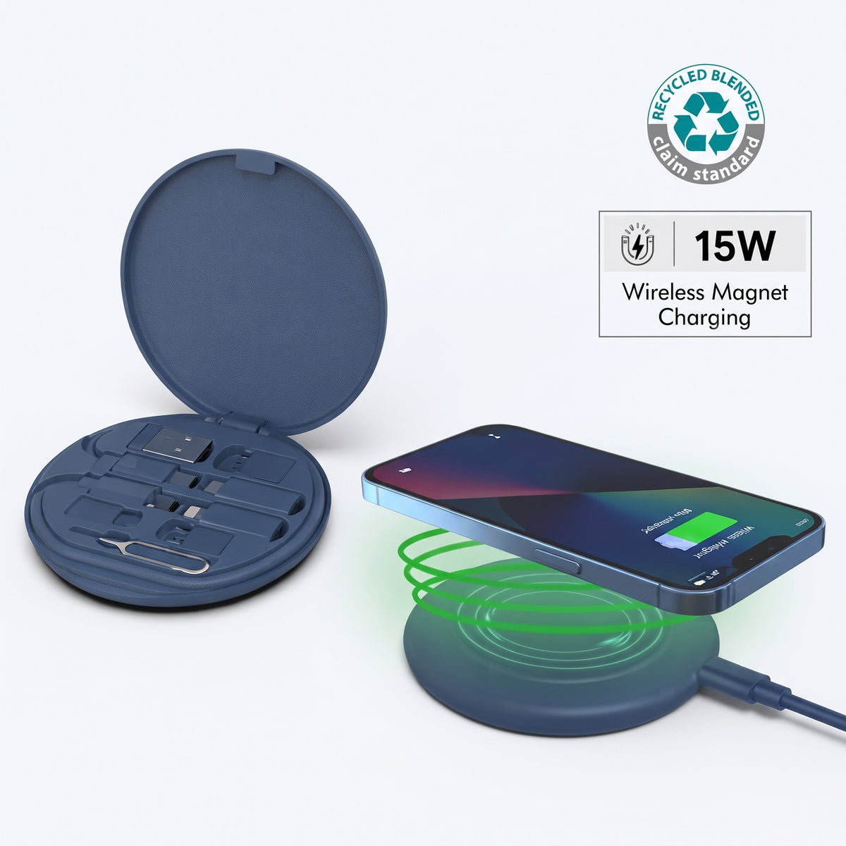 Imported OSLO Mag recycled 15W magnetic wireless charger multicable set in blue by Print365 Kenya