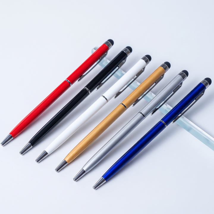 Custom laser-engraved 2-in-1 stylus ballpoint pen in red gold black silver blue by Print365 Kenya