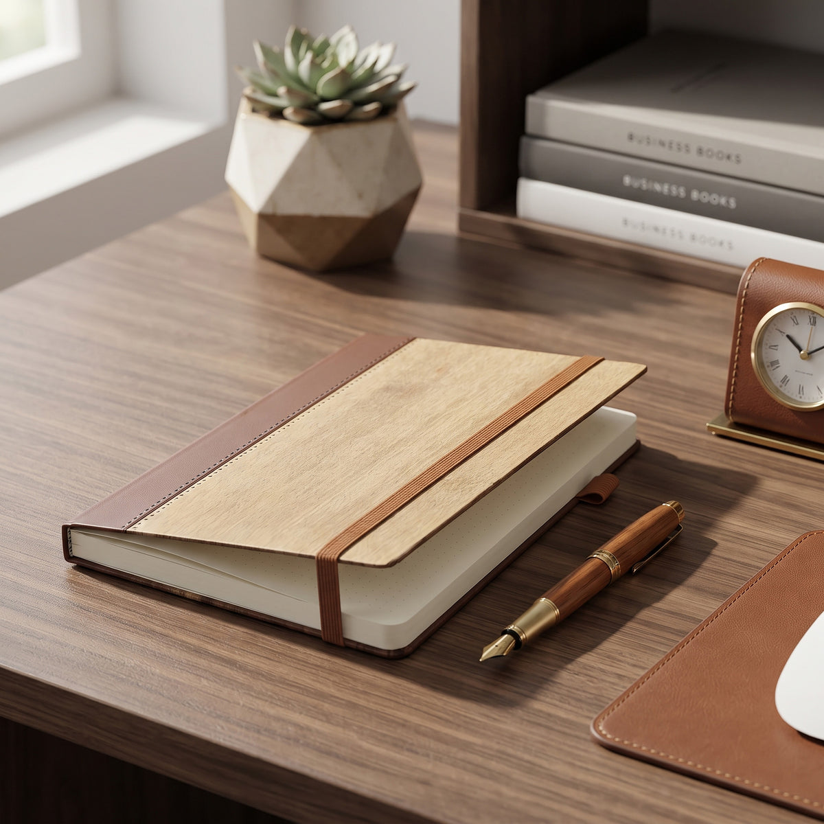 Custom laser-engraved A5 bamboo wood notebook with brown leatherette spine trim by Print365 Kenya