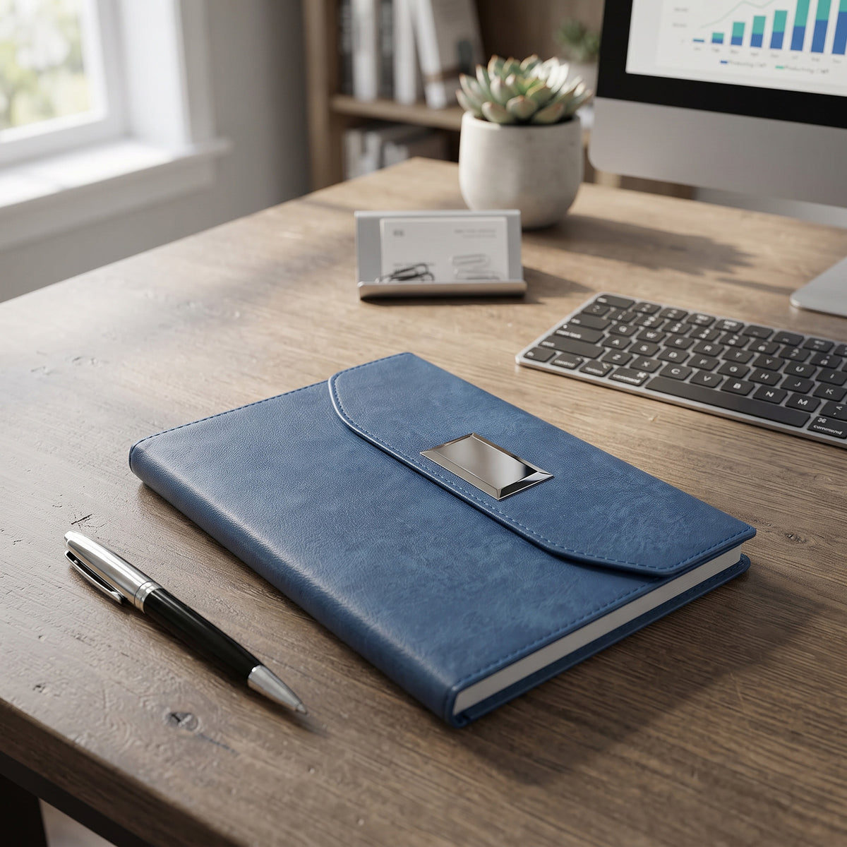 Custom branded executive A5 textured leatherette notebook with rectangular metallic plate accent by Print365 Kenya