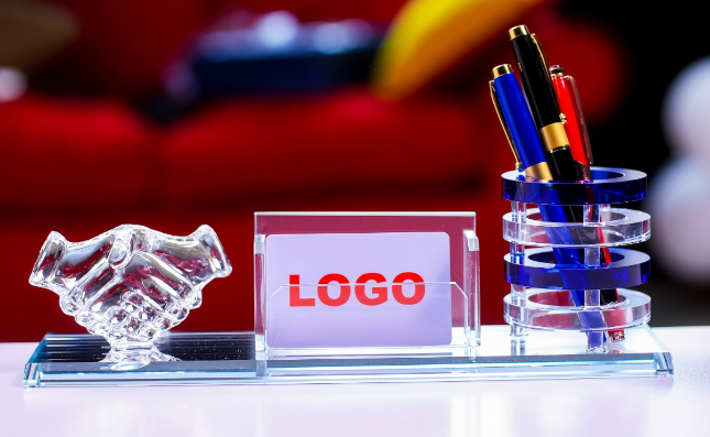 Custom laser-engraved optical crystal handshake desk organizer set by Print365 Kenya