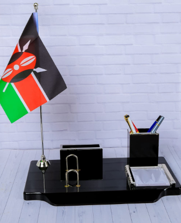 Custom laser-engraved VIP piano black wooden desk organizer set with miniature Kenya flag by Print365 Kenya