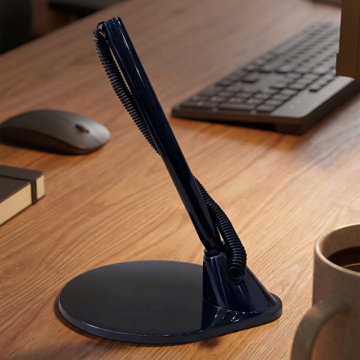 Custom branded black counter desk pen with adhesive base and coiled security cord by Print365 Kenya
