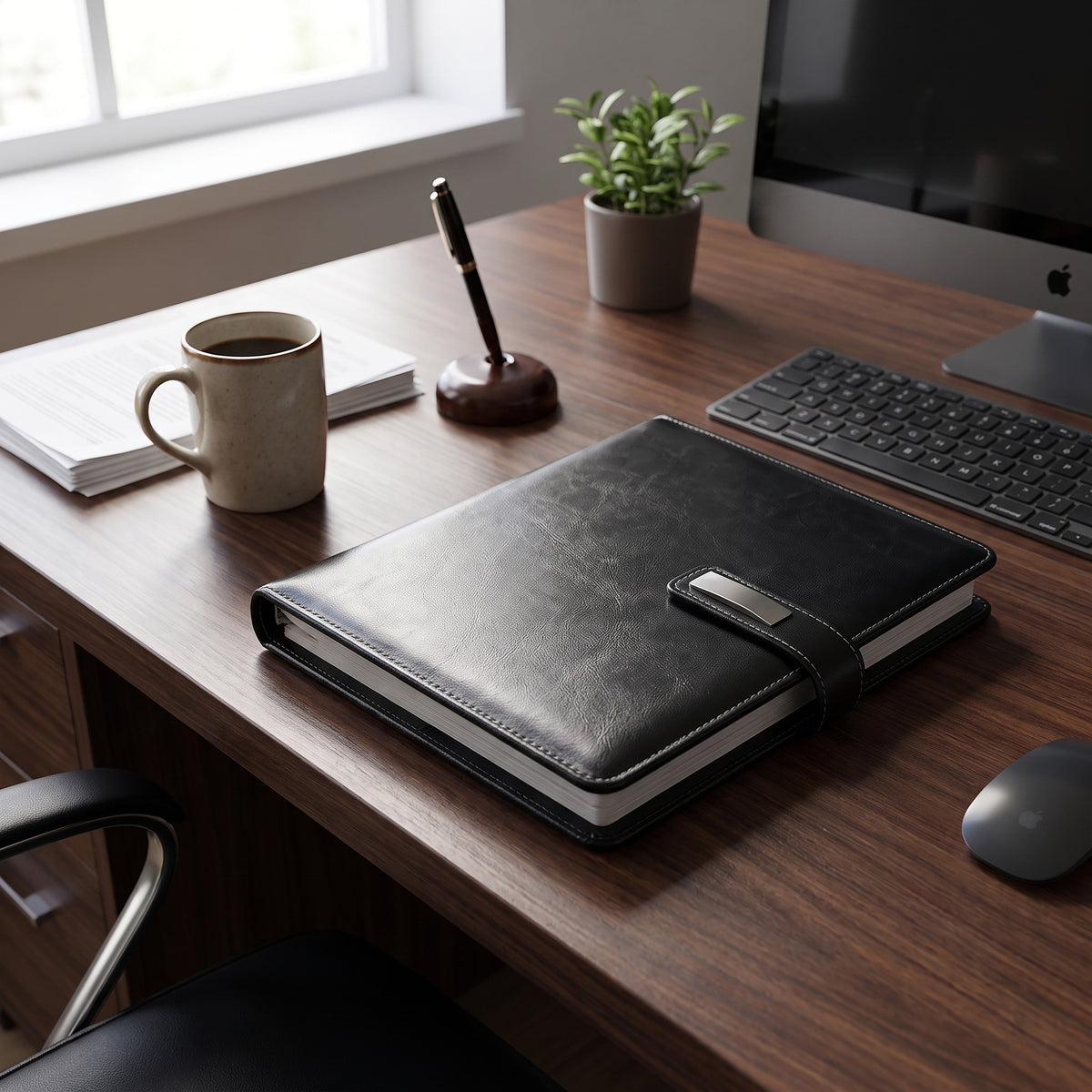 Custom debossed executive A5 black leatherette notebook with contrast stitching by Print365 Kenya