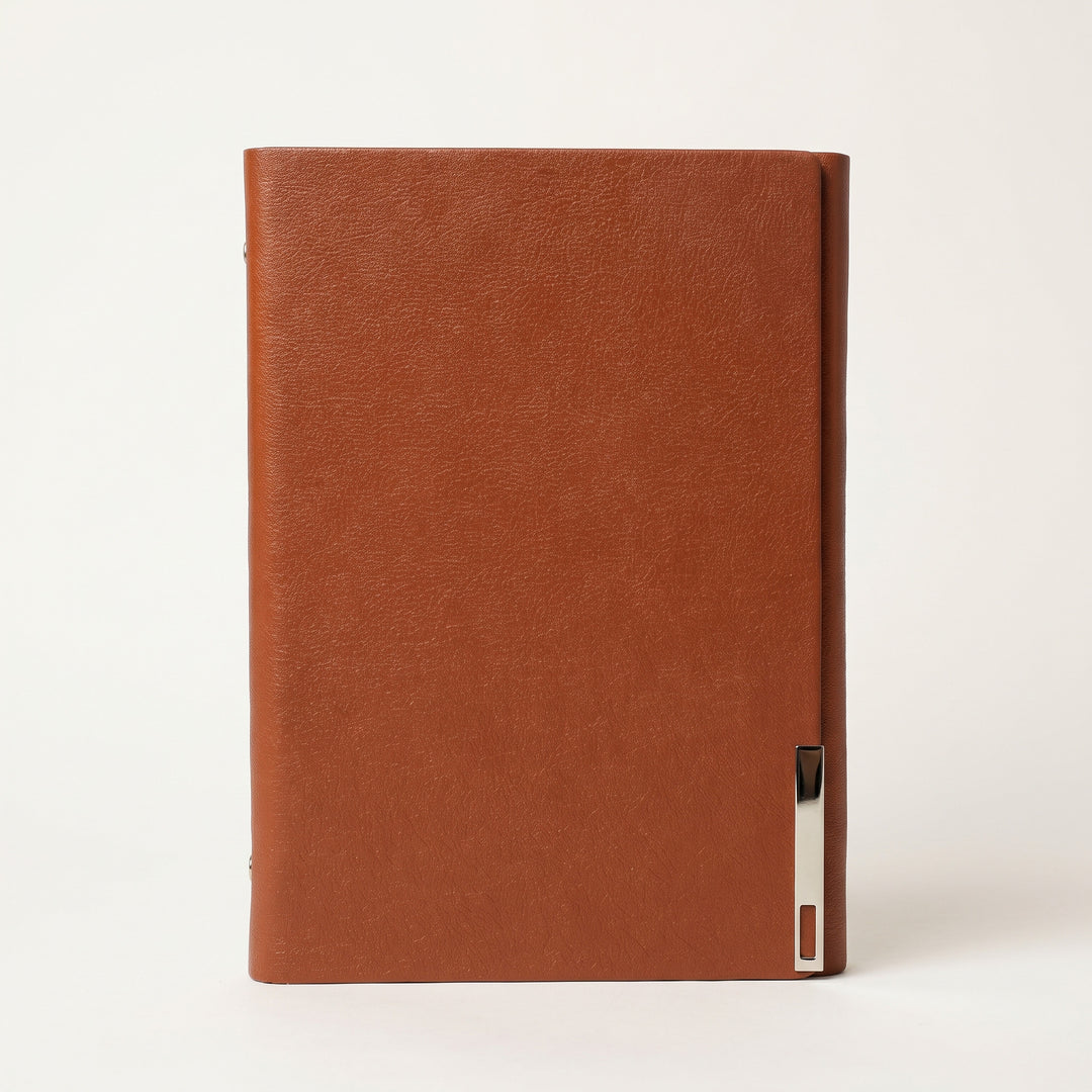 Custom debossed executive A5 leather notebook with silver metal bar clasp by Print365 Kenya