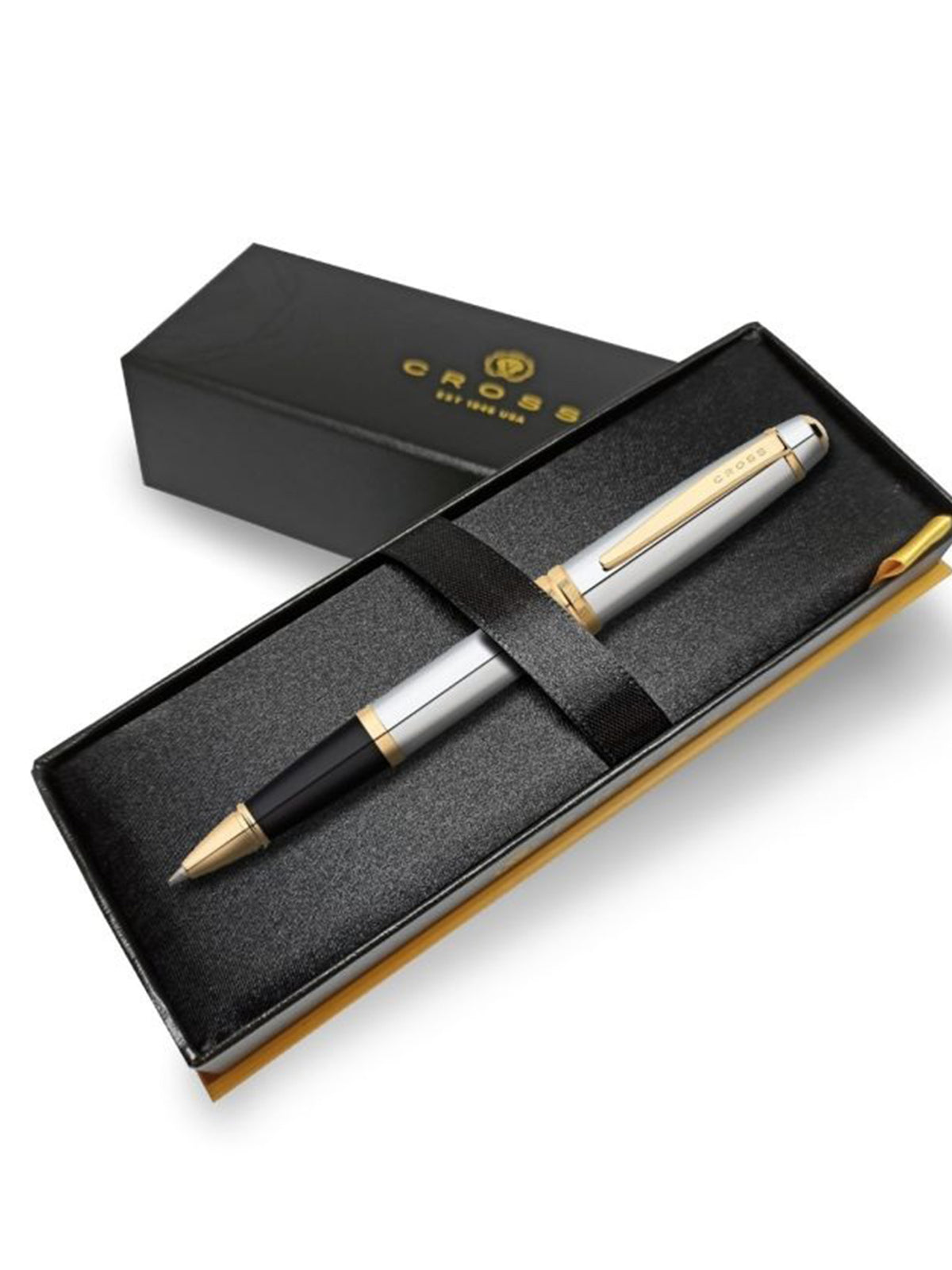 Pen set with black and gold accents in a Cross branded box