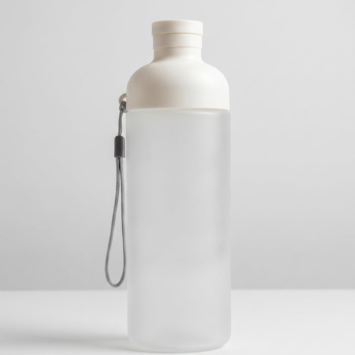 Custom printed 600ml frosted white plastic water bottle with solid white neck collar and wrist strap by Print365 Kenya