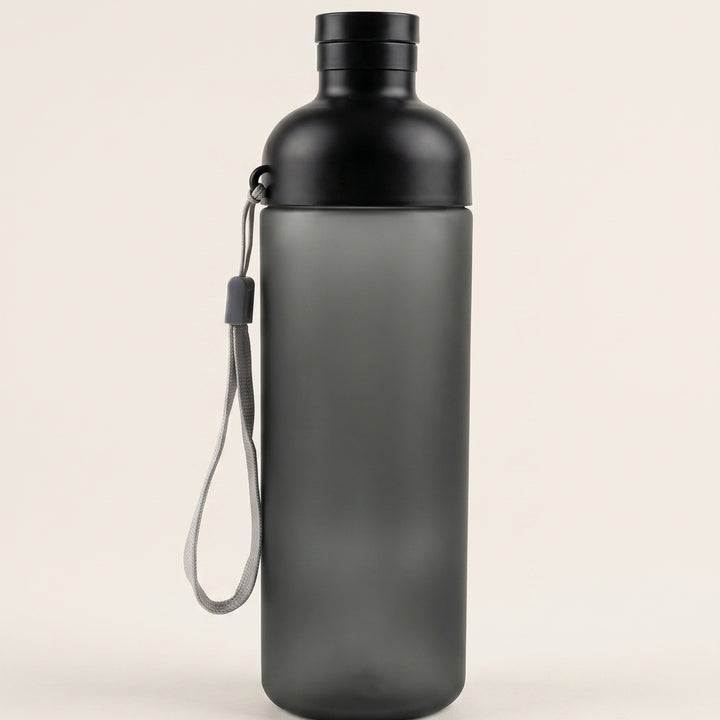 Custom printed 600ml frosted black plastic water bottle with solid black  neck collar and wrist strap done in Nairobi Kenya