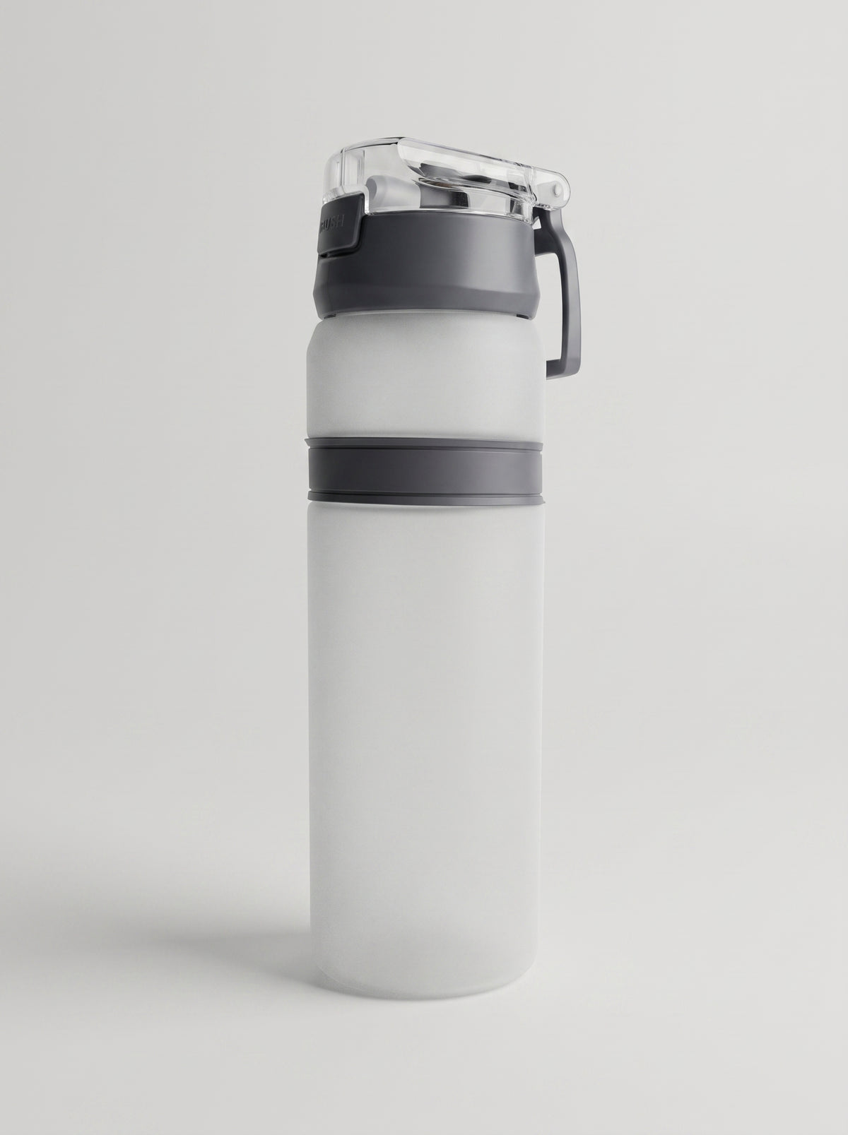Custom printed 800ml frosted white plastic water bottle with dark navy blue grip band and flip-lock cap by Print365 Kenya