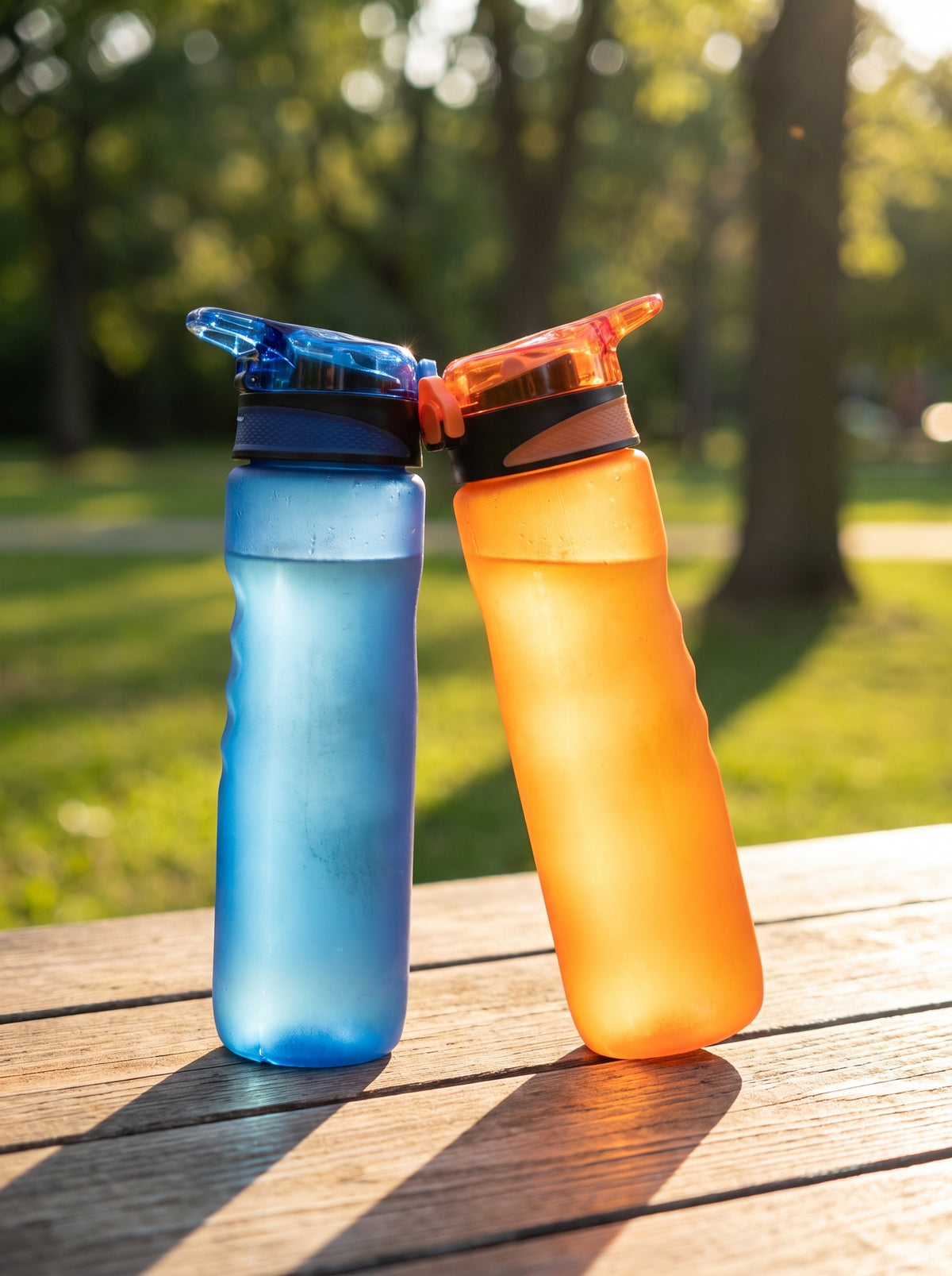 Custom printed 1000ml frosted blue and orange plastic water bottles with ergonomic finger grips and flip-lock caps by Print365 Kenya