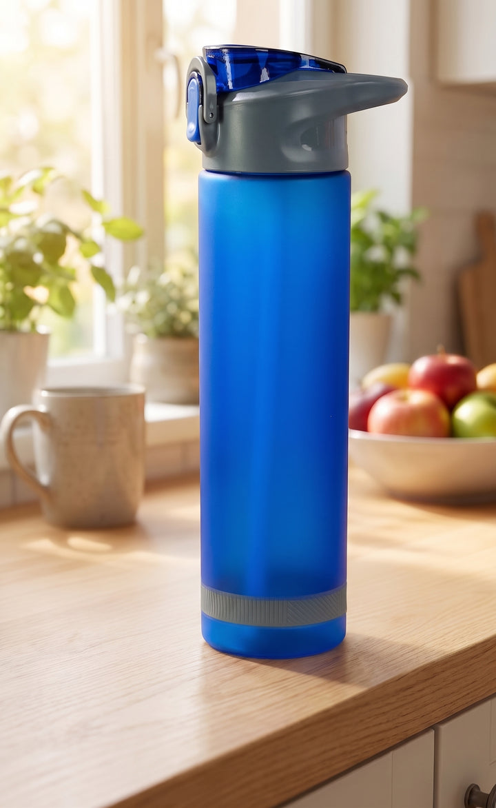 Custom printed 900ml frosted royal blue plastic water bottle with grey flip-lock cap and bottom rubber grip by Print365 Kenya