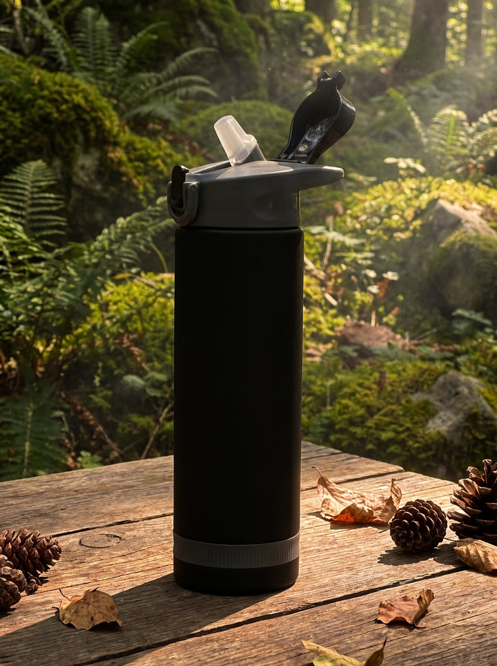 Custom printed 900ml frosted black plastic water bottle with grey flip-lock cap and bottom rubber grip done in Nairobi Kenya