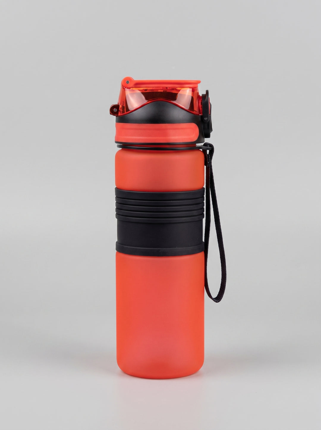 Custom printed 750ml frosted red plastic water bottle with black central rubber grip and wrist strap by Print365 Kenya