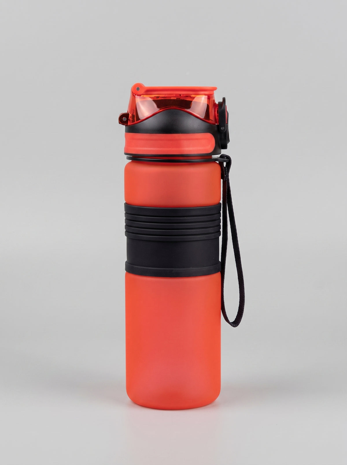 Custom printed 750ml frosted red plastic water bottle with black central rubber grip and wrist strap by Print365 Kenya