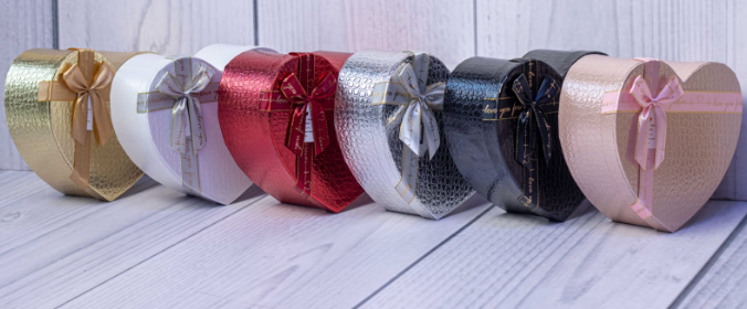 Set of heart-shaped gift boxes in gold, white, red, silver, black, and pink priced from Ksh 600 in Nairobi
