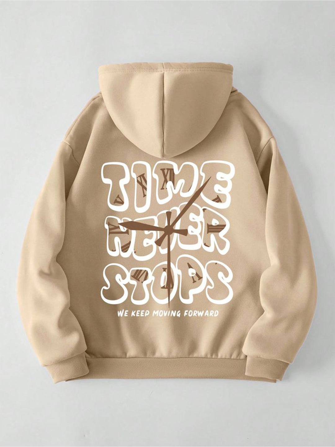 Beige hoodie with a clock design and text on the back against a light gray background