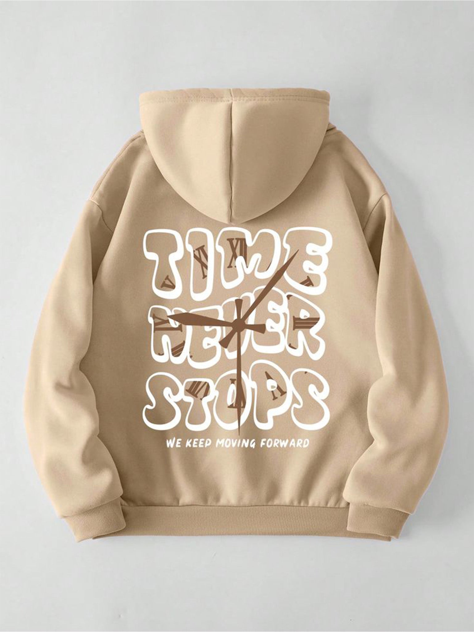 Beige hoodie with a clock design and text on the back against a light gray background