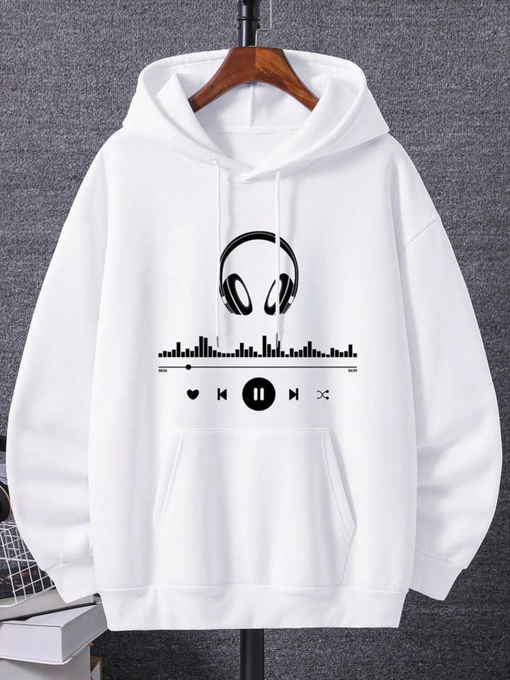 White hoodie with black graphic design on a gray background