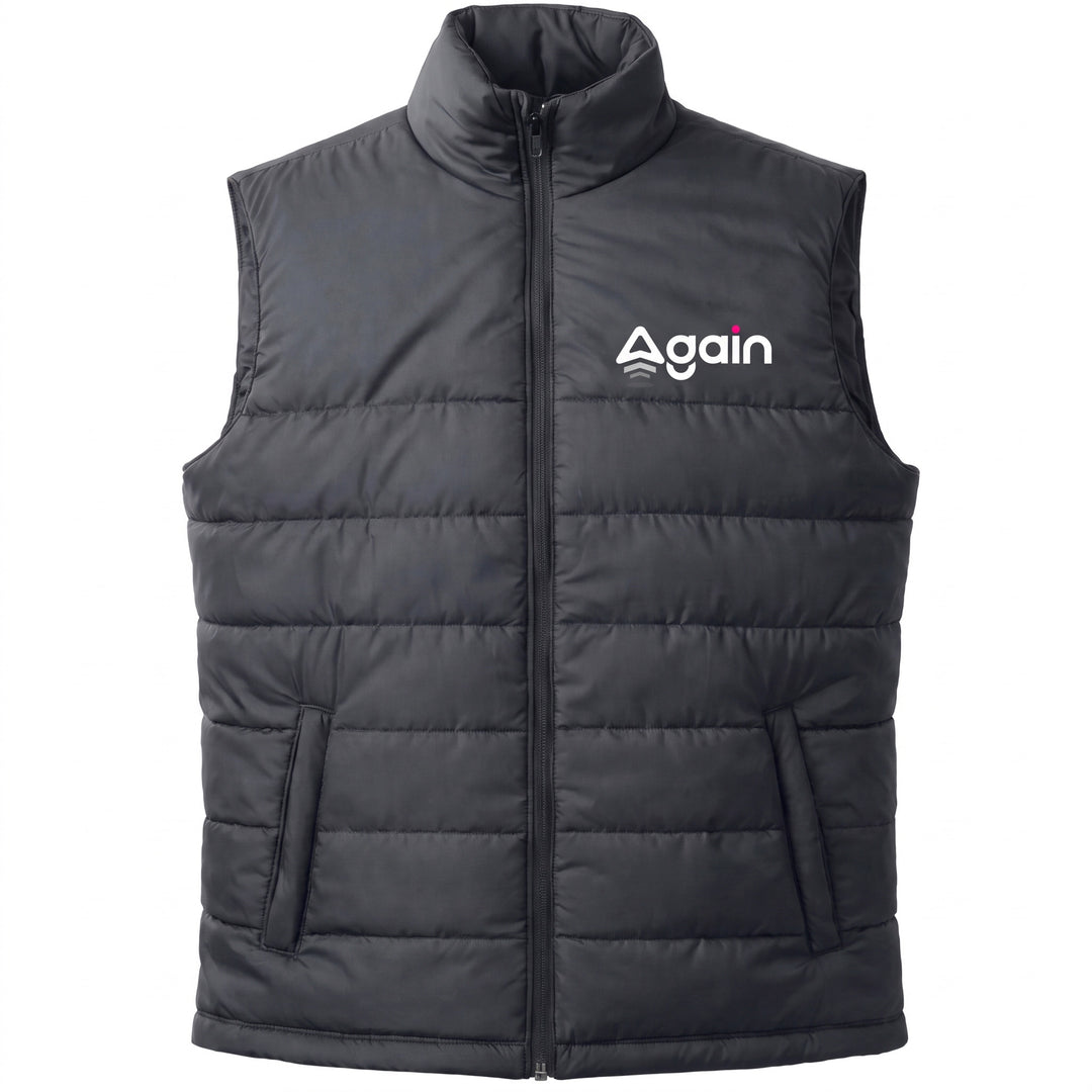 Personalized black quilted puffer vest with a stand-up collar and front zipper, featuring the &