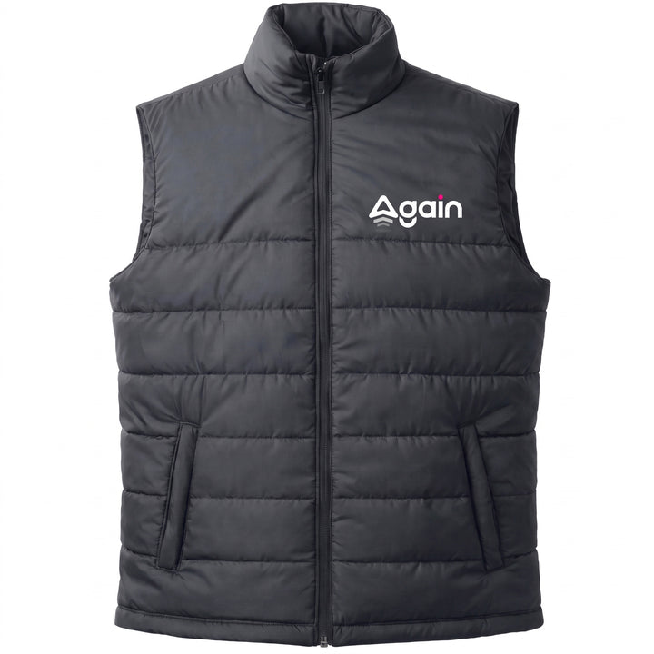 Personalized black quilted puffer vest with a stand-up collar and front zipper, featuring the &