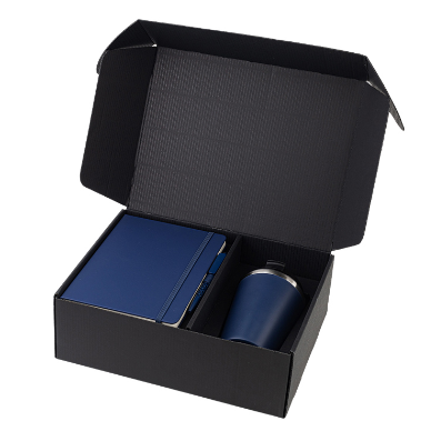 Custom laser-engraved imported KOKSI Giftology navy blue double walled tumbler notebook and pen gift set by Print365 Kenya