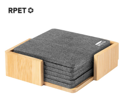 Custom laser-engraved imported LAAX eco-neutral RPET 6 felt coasters with bamboo stand by Print365 Kenya   