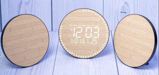 Custom laser-engraved eco-friendly round LED bamboo wall and desk clock by Print365 Kenya