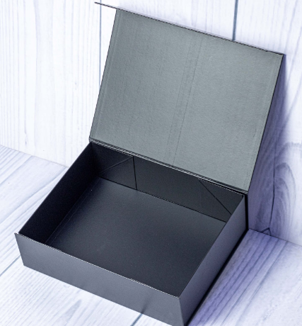 Custom foil-stamped executive black magnetic folding gift box open display by Print365 Kenya