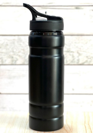 Custom printed matte black metallic water bottle with contoured grip and flip spout lid by Print365 Kenya