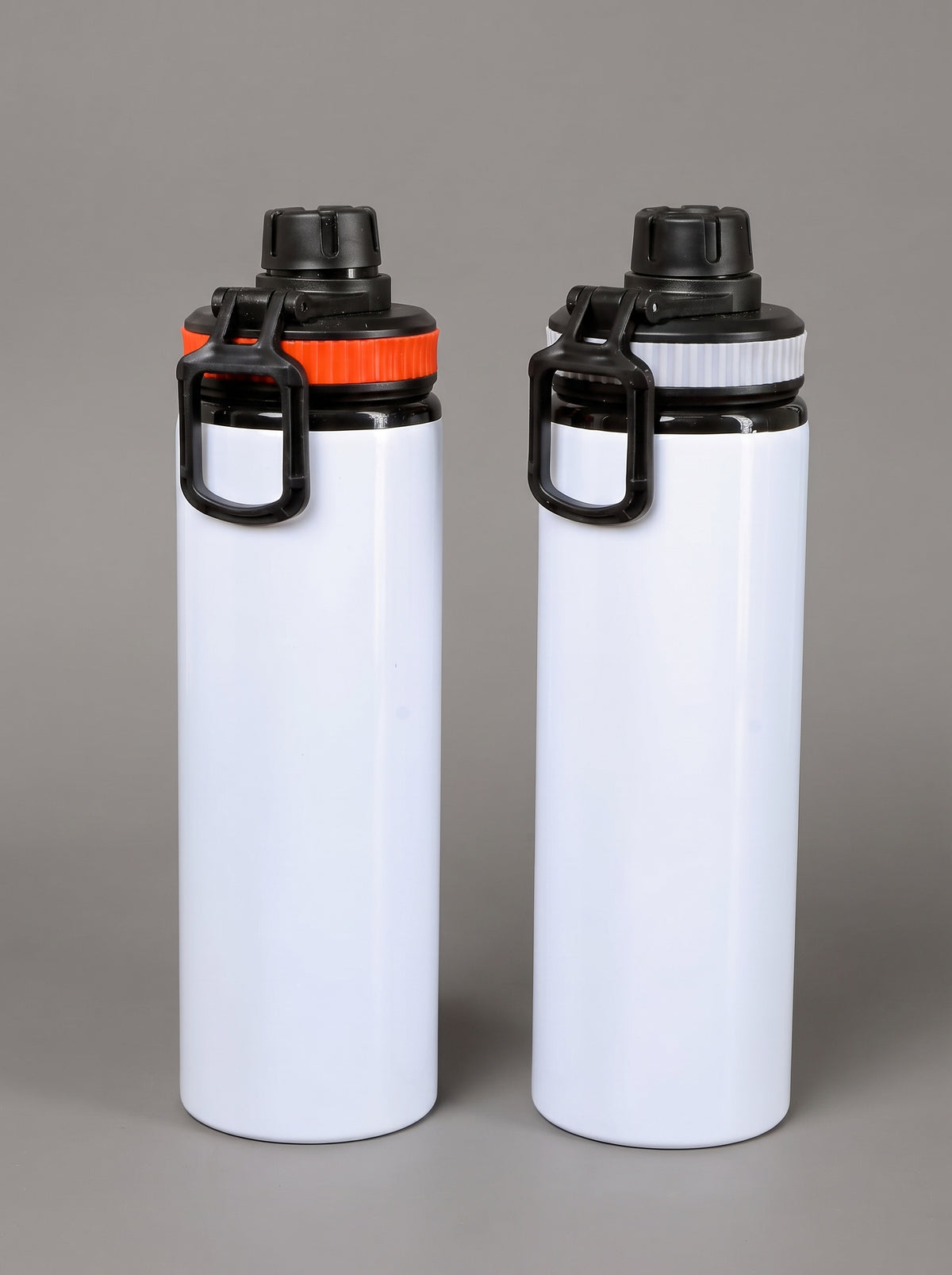 Custom printed 800ml white metallic water bottles with colored accents collar and black carry loop by Print365 Kenya