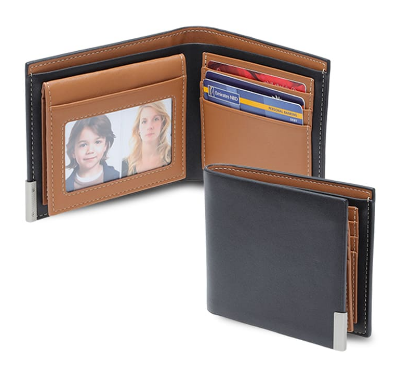 Custom laser-engraved imported NIORT men's billfold PU wallet with flip pocket in black and tan by Print365 Kenya