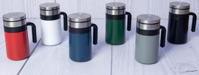 Display of executive powder-coated thermal mugs with sturdy side handles by Print365 Kenya
