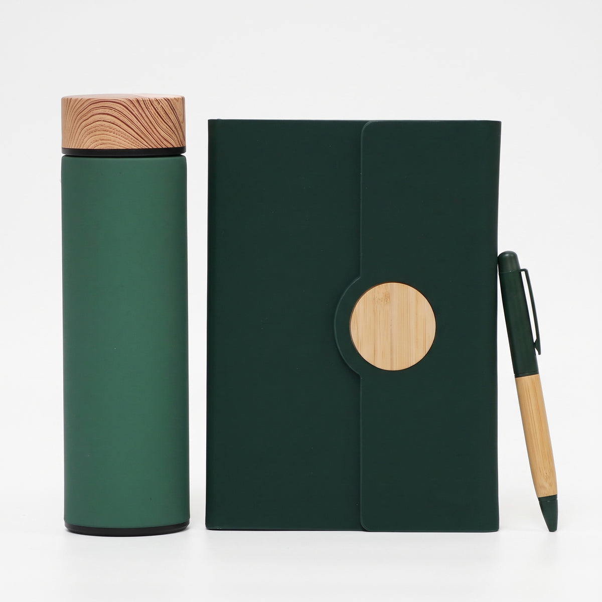 Custom laser-engraved 3-piece executive gift set in forest green and natural wood by Print365 Kenya