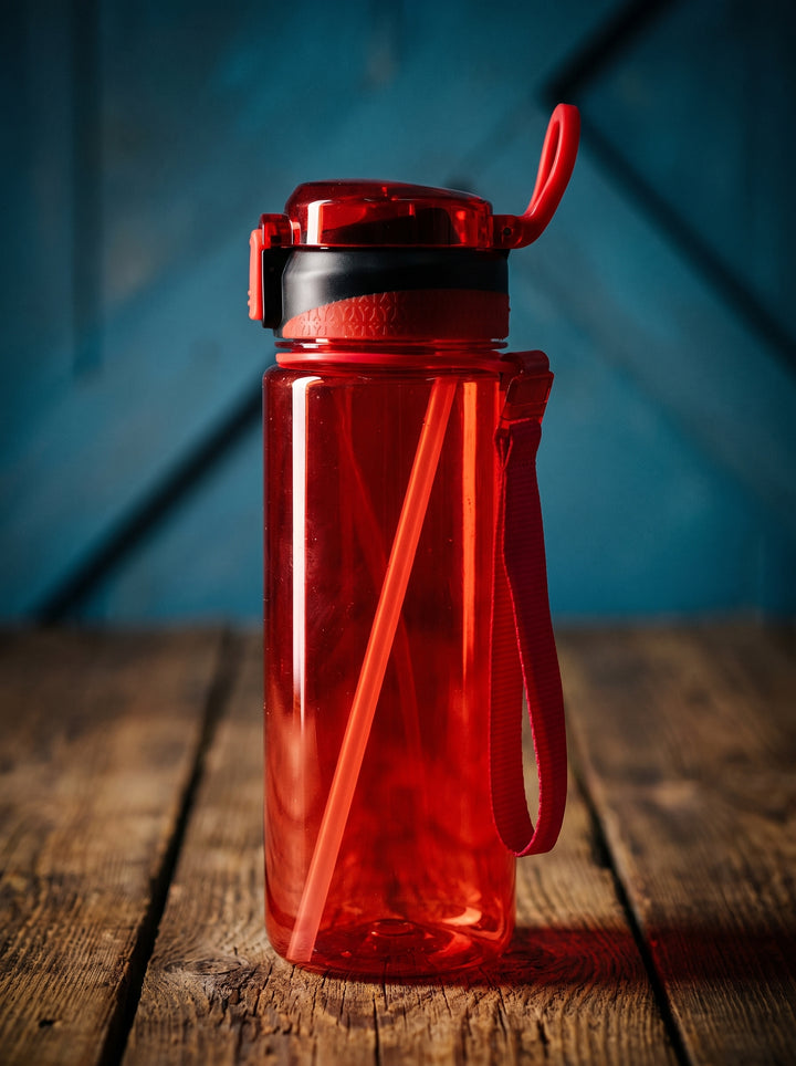 Custom translucent red plastic water bottle with a flip-top lid, carrying strap, and straw done in Nairobi Kenya