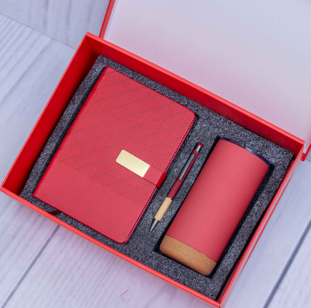 Custom laser-engraved executive 3-in-1 corporate gift set in red with cork base tumbler by Print365 Kenya