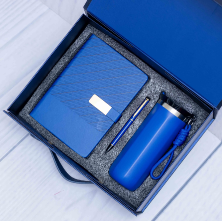 Custom laser-engraved executive 3-in-1 corporate gift set in royal blue with thermal tumbler by Print365 Kenya