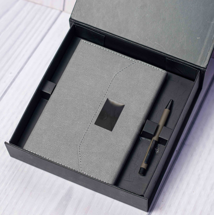 Custom laser-engraved executive notebook and pen gift set in grey by Print365 Kenya