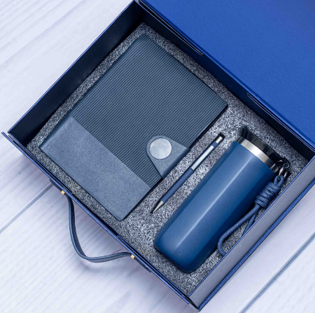 Custom laser-engraved executive 3-in-1 corporate gift set in blue with suitcase box by Print365 Kenya