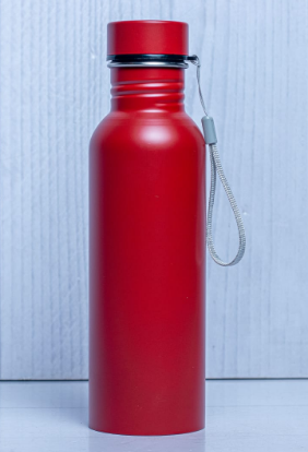 Custom laser-engraved crimson red stainless steel water bottle with wrist strap by Print365 Kenya