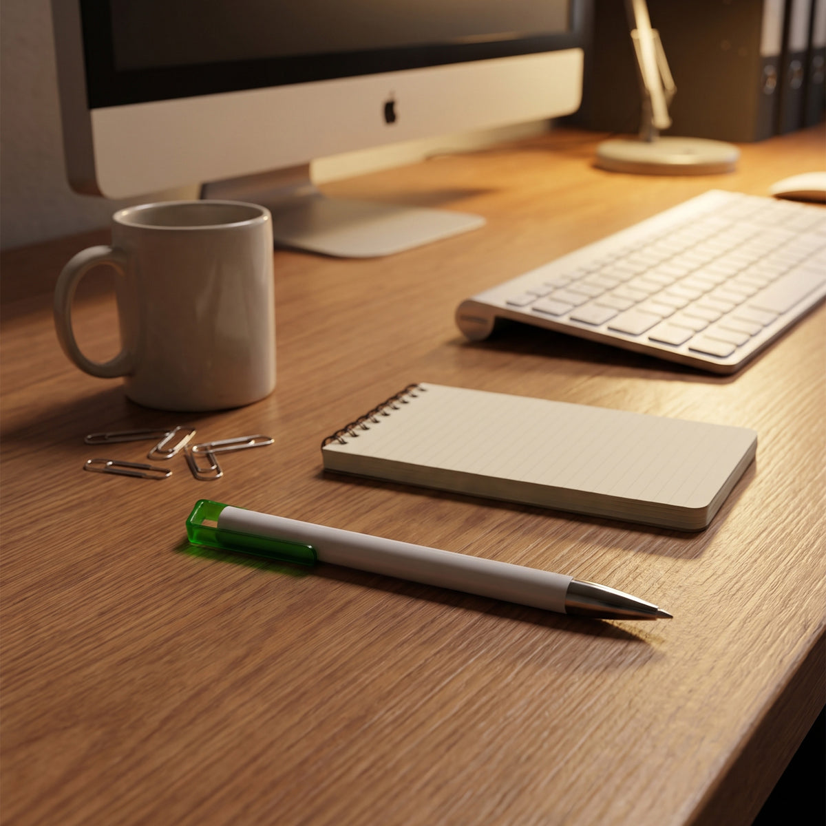 Promotional white plastic ballpoint pen featuring a polished chrome tip and unique loop clip done by Print365 Nairobi