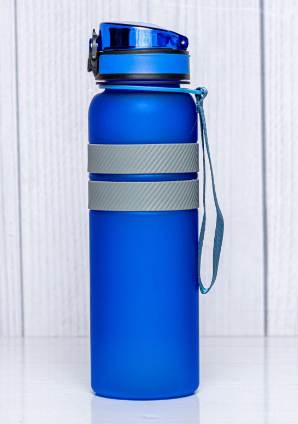 Custom screen-printed frosted sports water bottle with dual silicone grip in royal blue by Print365 Kenya