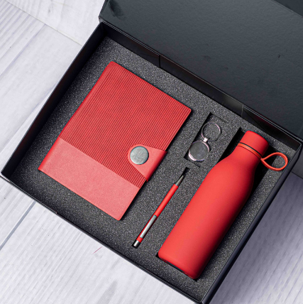 Custom laser-engraved executive 4-in-1 corporate gift set in red with matte thermal flask by Print365 Kenya