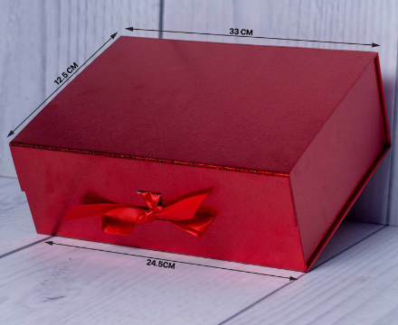 Custom foil-stamped luxury ribbon gift box in red by Print365 Kenya