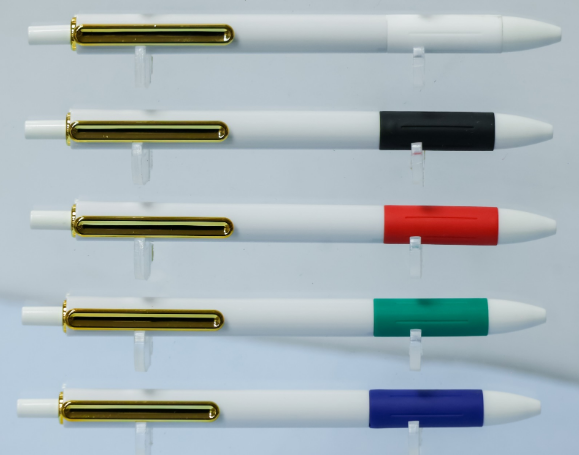 Custom printed white plastic promotional pens with gold pocket clip and colored rubber grip by Print365 Kenya