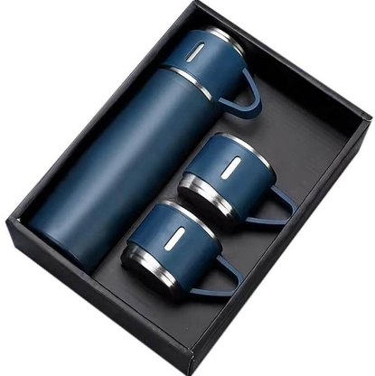 Custom laser-engraved imported SAFFLE Giftology navy blue vacuum flask and two cups set by Print365 Kenya   