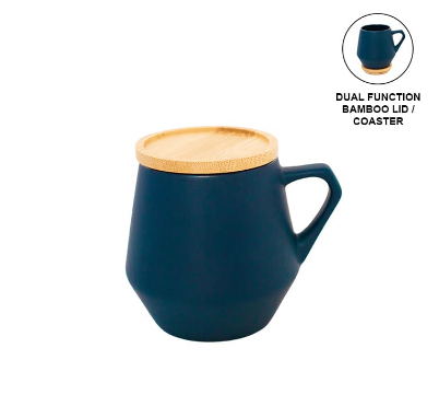 Custom printed imported SEVILLA eco-neutral blue ceramic mug with dual-function bamboo lid by Print365 Kenya
