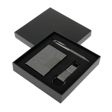 Custom laser-engraved imported SILVAN Giftology grey card holder keychain and pen set by Print365 Kenya   