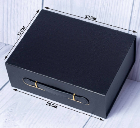 Custom foil-stamped luxury suitcase gift box with leather handle in black by Print365 Kenya