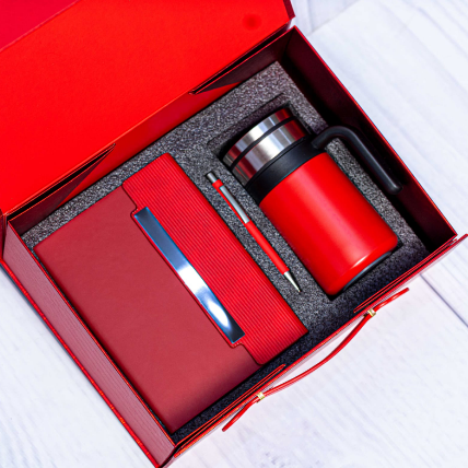 Custom laser-engraved executive tea mug gift set in red by Print365 Kenya